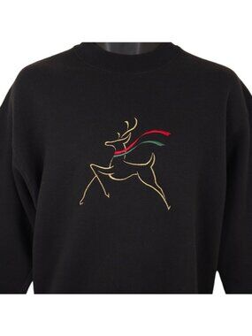 Vintage Christmas Sweatshirt Mens Size Medium Black 90s Reindeer Made In USA